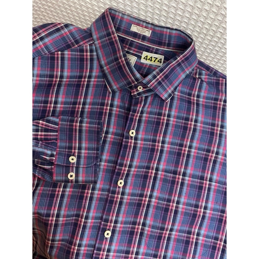 PETER MILLAR Button Down Shirt Men's 2XL Pink Blue Mid Check Plaid Long Sleeve